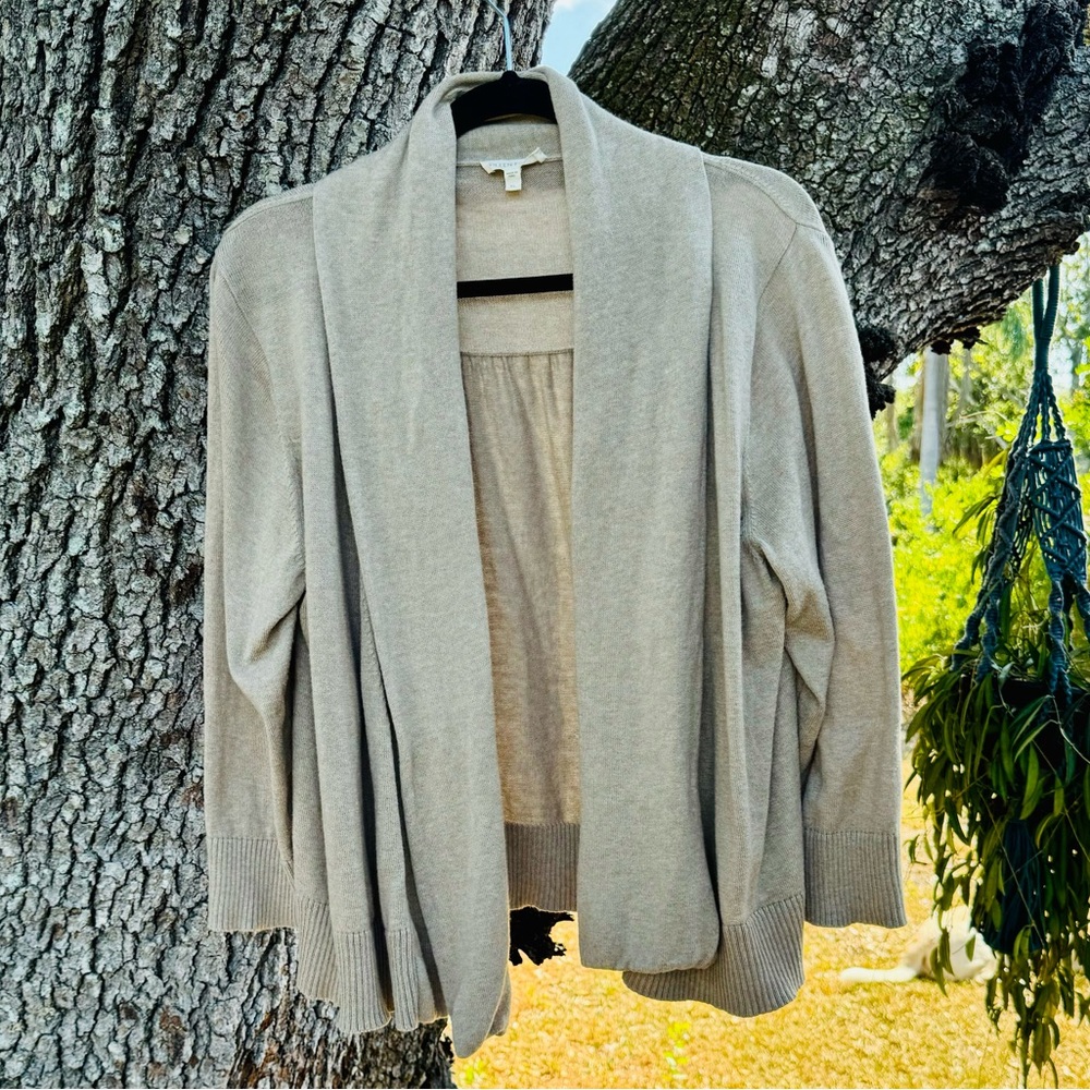 XL Eileen Fisher 100% Organic cotton tan shawl neck open front cardigan XL